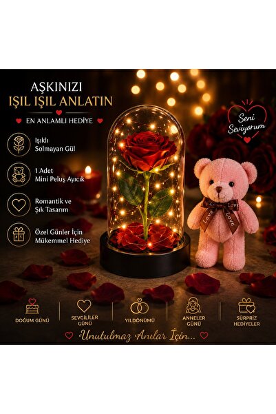Kesene Led Işıklı Mika Fanus Solmayan Yapay Kırmızı Gül & 1 Mini Peluş Ayıcık...