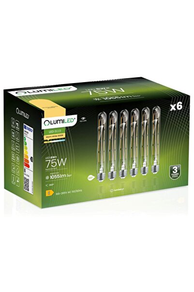 Lumiled 6x Bec LED E27 Tubular T30 8W = 75W 1055lm 3000K Cald 360 °   FILAMENT