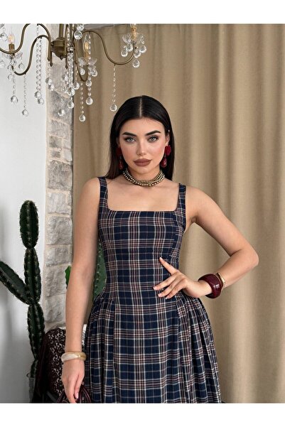 Clothes Fast فستان نسائي متوسط الطول بياقة مربعة وحزام مخطط باللون الأزرق الداكن