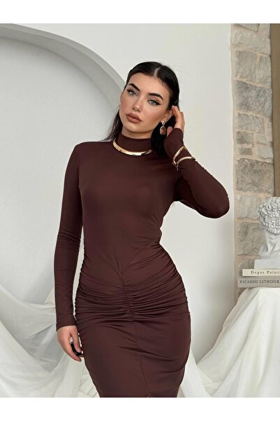 Moda Days Rochie midi tip creion, maro, cu guler înalt, mânecă lungă, cu șnur...
