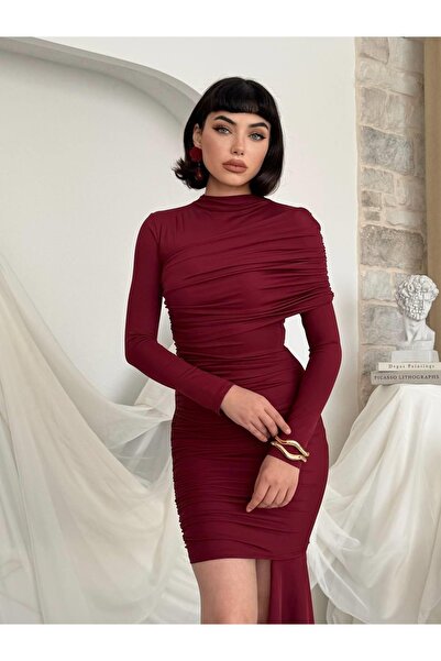 Moda Days Women's Burgundy Mini Dress Draped Gathered Long Sleeve High Collar...
