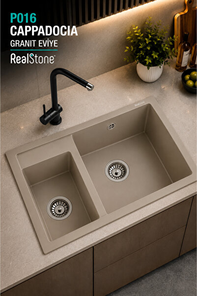 RealStone P016 Cappadocia 1.5 Gözlü Damlalıksız Granit Eviye Cappucıno 70x50