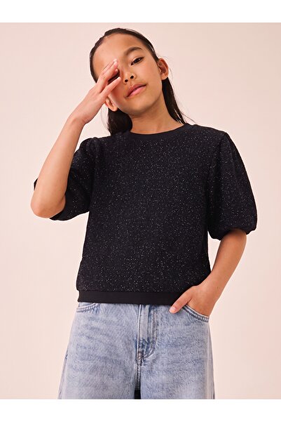 Tinymuyt Girl's Balloon Sleeve Self-Glitter Chenille Fabric Blouse Black