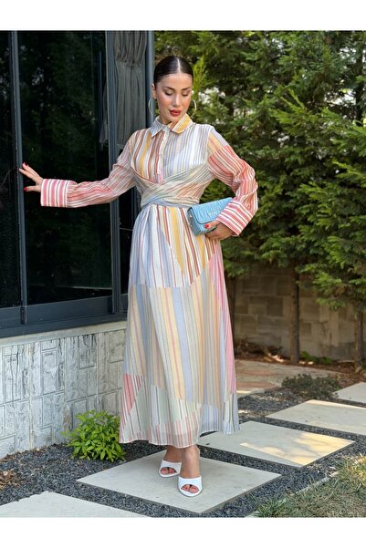 YK FASHION Renkli Çizgili Bağlamalı Elbise