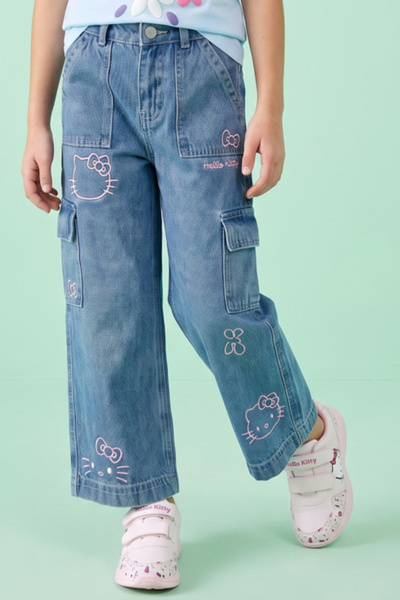 R&B Hello Kitty Embroidered Cargo Jeans with Button Closure