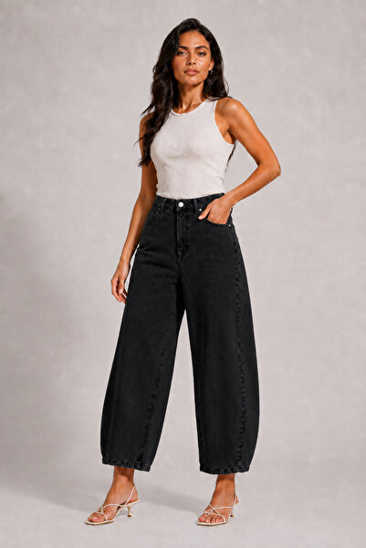 SHEVEGA Women's Black High Waist Short Leg Baggy Jean Denim Pants