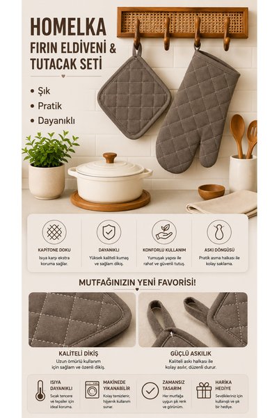 HOMELKA Oven Glove and Holder Set Dark Green Color Heat Resistant Non-Slip Quilted Oven Glove and Holder Set 1+1 Set Oven Glove + Holder