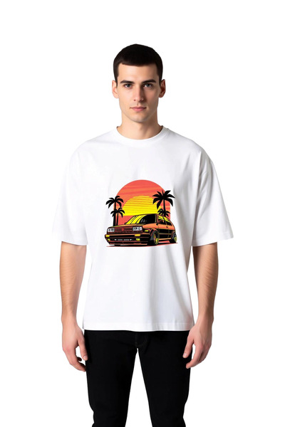 PayBuy Retro Car and Palm Tree Scenery Printed Men's Oversize T-Shirt