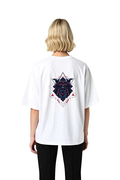 PayBuy Women's Oversize T-Shirt Samurai Helmet Geometric Print Line Art Detai...