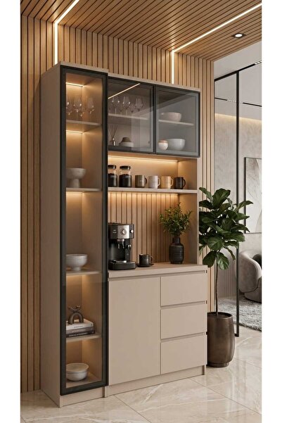 TR Modern LED Aydınlatmalı Kahve Köşesi Vitrin Modüllü 130 cm (vizon bej)