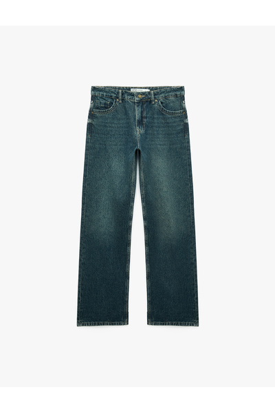 Koton Normal Waist Cotton Straight Leg Denim Trousers with Pockets - Straight...