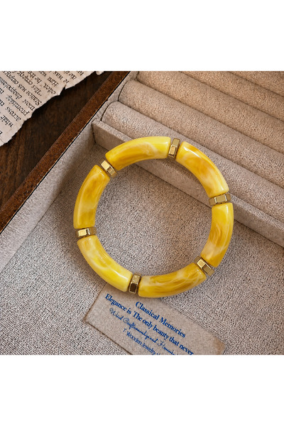 synshop Yellow Bone Marble Patterned Gold Spacer Bohemian Vintage Thick Elast...