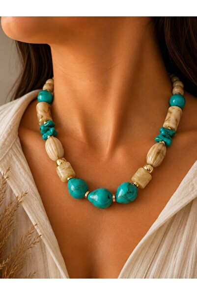 BIJUTERI Turquoise & Beige Stone Bead Necklace