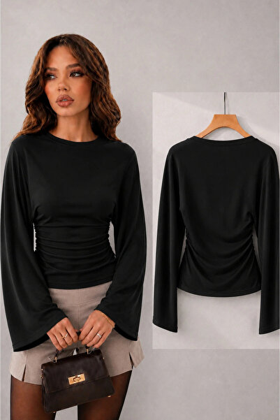 uyguntarz Modal Fabric Gathered Detail Wide Sleeve Women's Blouse