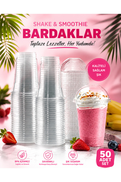 350 Cc Plastik Pet Limonata Milkshake Bardağı Kapaklı 50li Bardak