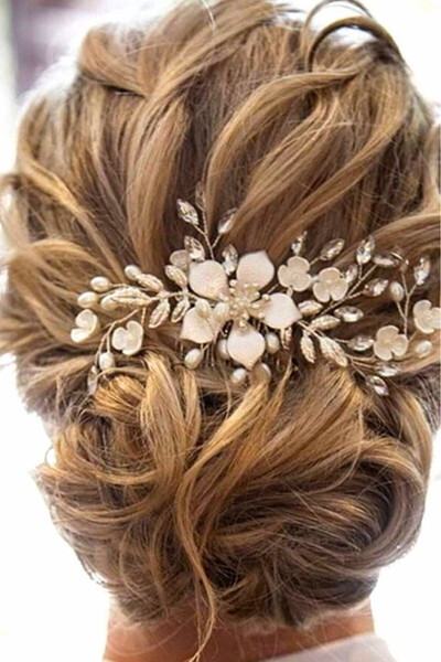 VeeShop Pieptene de par elegant, floare mare metalica pictata si ramurele cu ...