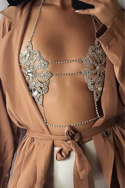 VeeShop Lant elegant pentru piept, model floral cu cristale albe, si lanturi