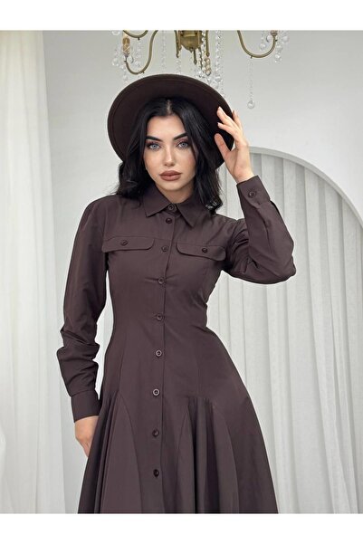 Clothes Fast قميص نسائي من قماش البوبلين باللون البني، ياقة طويلة الأكمام، أز...