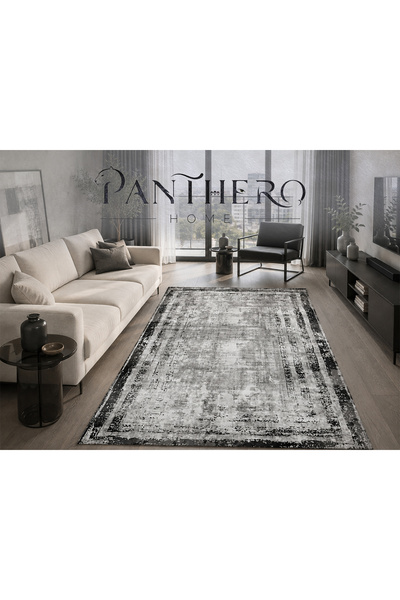 Panthero Home Siyah Çerçeveli Modern Eskitme Desenli Halı Kaymaz Taban Sünger...