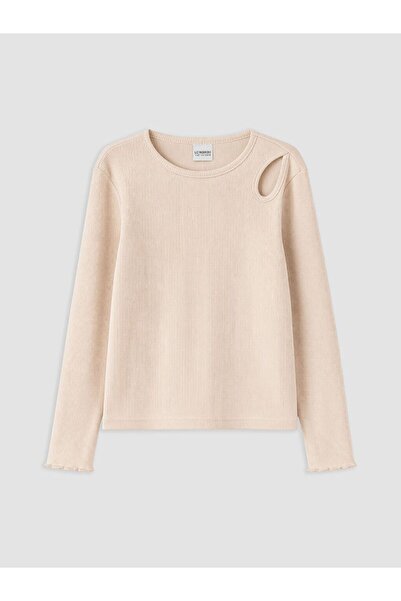 LC Waikiki Beige Crew Neck T-Shirt with Window Detail for Girls