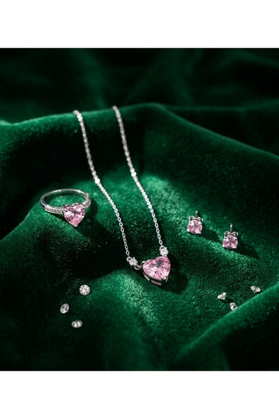 Prizma Concept Pembe Kalp Taşlı Takı Seti - Zirkon Taşlı Kolye, Yüzük ve Küpe...