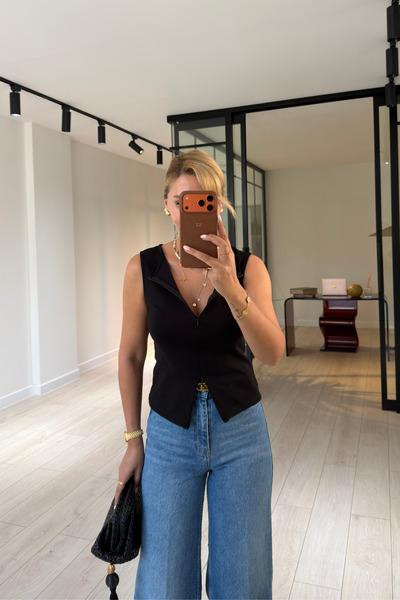 Sezgi Tekin Double Zipper Sleeveless Black Blouse