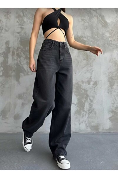 bluewoopss Baggy Buckle Detailed Black Washed Pucket Loose Jean Trousers