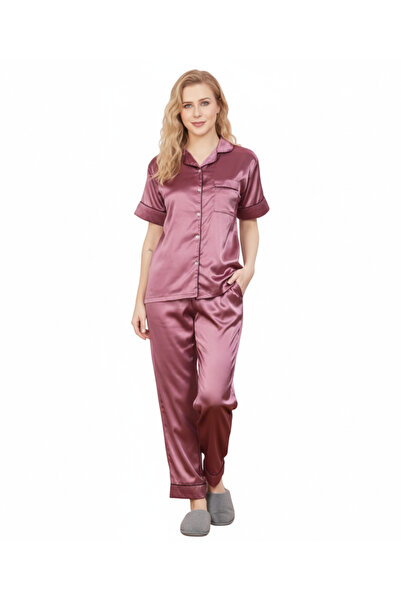 RIZQE Mauve Italian Satin Nightsuit | Dusty Rose Luxury Pajamas Set | Premium...