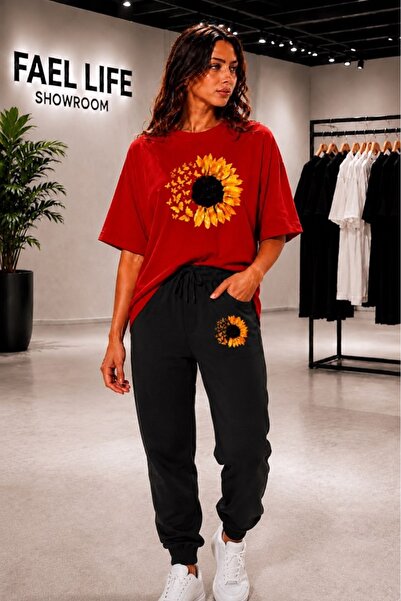 FAEL LİFE Unisex Wide Cut T-Shirt and Sweatpants Moonflower Printed Set
