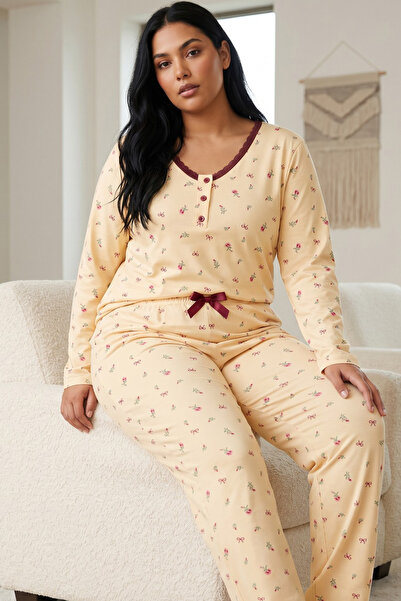 Siyah İnci Yellow Patterned Buttoned Cotton Lycra Large Size Oversized Knitte...