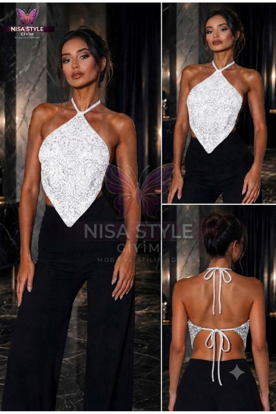 Nisa Sequin Sequin Halter Neck Backless Crop Top