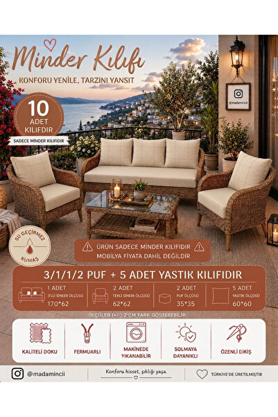 MADAMİNCİ Balkon Bahçe Mobilyası Minder Kılıfı 10’lu Set | 3+1+1+2 Puf + 5 Ya...