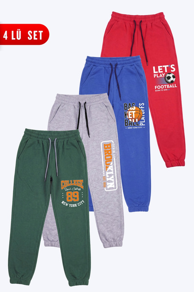 FYK KİDS Boys' 4-Piece Double Pocket Printed Jogger Sweatpants