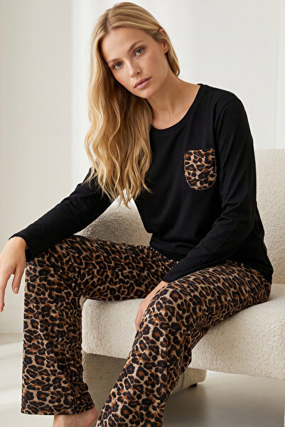 Siyah İnci Black Leopard Patterned Embroidered Cotton Lycra Knitted Pajama Se...