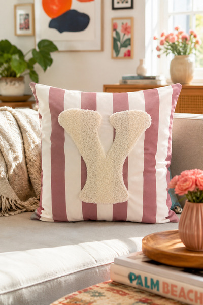 Pilloveland Punch Embroidered Throw Pillow Cover - 43*43 cm - Mocha Letter Y ...