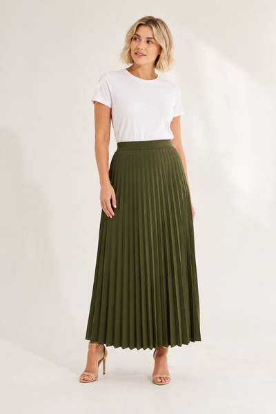 bihan store High Waist Elastic Waist Accordion Pleated Maxi Skirt 8940-Khaki