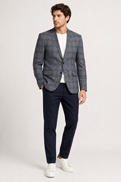 bihan store Men's Plaid Checked 6 Drop Single Jacket 1963-03-Navy Blue