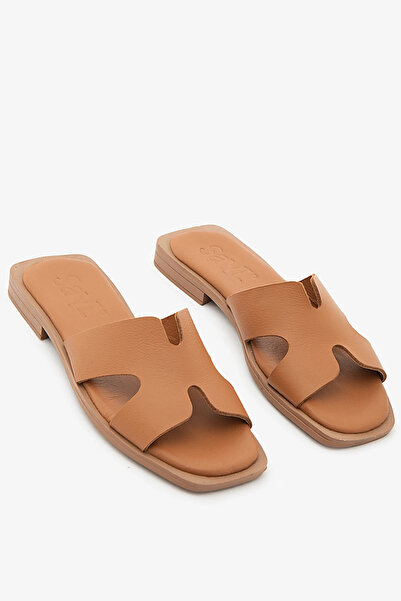 SAYL Tan Genuine Leather H-Strap Women's Flat Slippers
