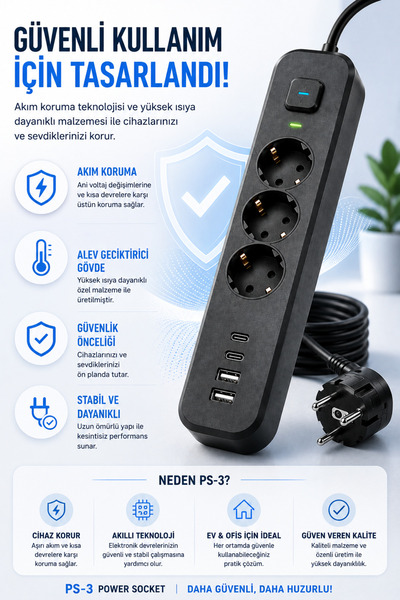 Merwish Akım Korumalı Çoklu Priz 3680W 16A 230V, 3 Topraklı Priz, 2 USB-A, 2 Type-C, 17W Şarj, Aç/Kapat Anahtarlı