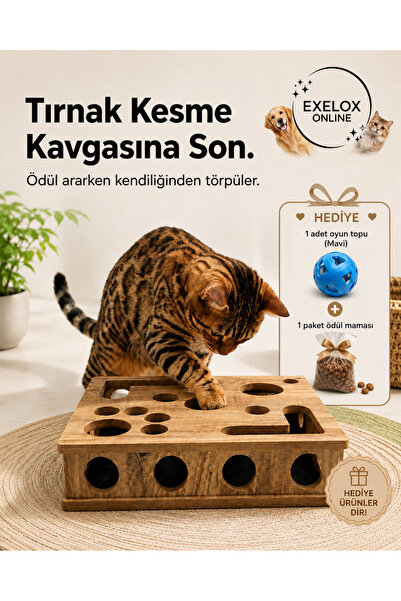 Exelox Kedi Tırnak Törpüleyen Tırmalama ve Oyun Kutusu Ahşap Kedi Zeka Oyunca...