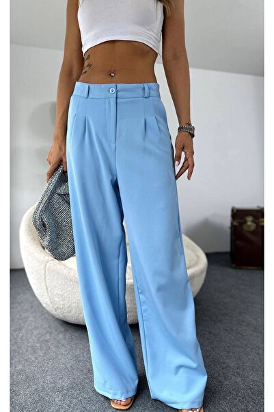 Olbia Women's Baby Blue High Waist Palazzo Pants with Pockets