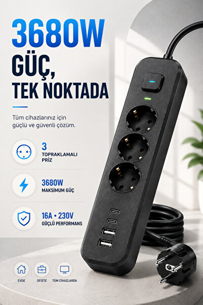 Merwish Akım Korumalı Çoklu Priz 3680W 16A 230V, 3 Topraklı Priz, 2 USB-A, 2 Type-C, 17W Şarj, Aç/Kapat Anahtarlı