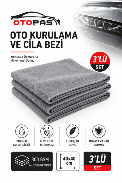 OTOPAS 3’lü Oto Kurulama ve Cila Bezi 40x40 cm 300 GSM Mikrofiber Temizlik Bezi