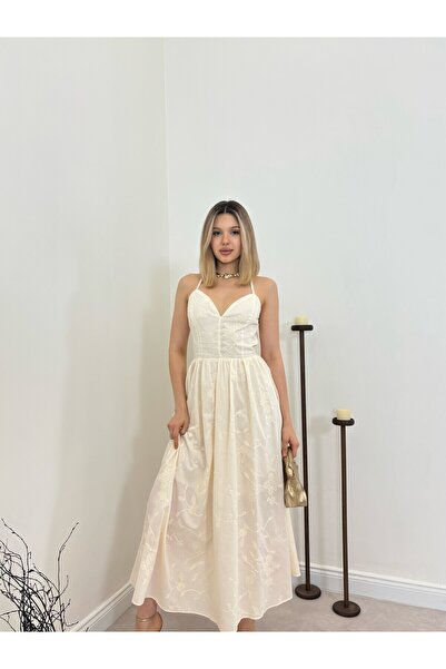 Moda Days Women's Beige Strappy V-Neck Embroidered Tie-Detail Flared Maxi Dress
