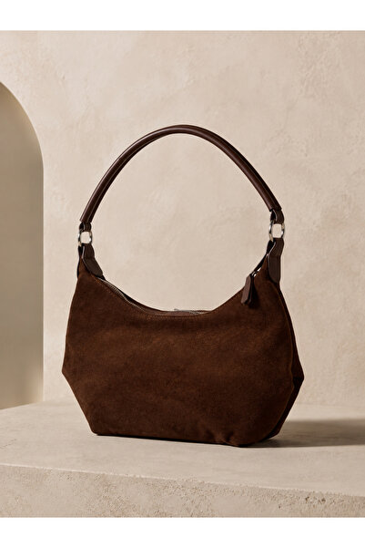 Luminos Butik Women's Bitter Brown Suede Look Curved Hobo Shoulder Bag Cnt725