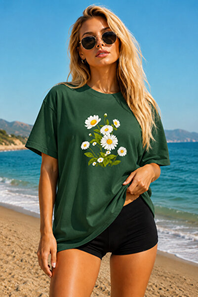 FECCY Premium Demet Papatya Printed Oversize Women's T-Shirt Men's T-Shirt Co...