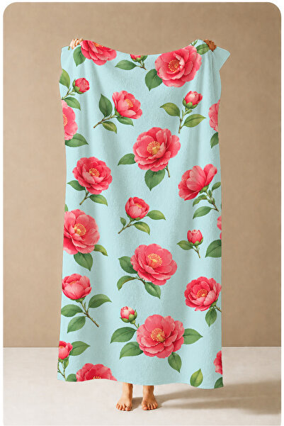 Evmila Red Poppy Mint Botanical Patterned 70X150 Beach Towel - Digital Printe...