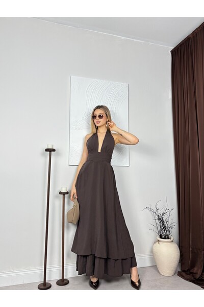 Clothes Fast Women's Coffee Color Halter Neck Backless Belted Layered Maxi Dress