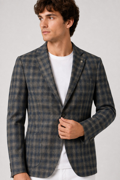 Sabri Özel Men's Checkered Pattern Two-Button Half-Lined Smart-Casual Single ...