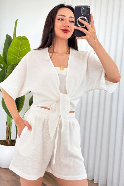 Clothes Fast Γυναικείο λευκό κιμονό μουσελίνας με δέσιμο μπροστά, μισό μανίκι...